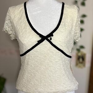 Cream Lace Short Sleeve Top w/ Black Ribbon Trim